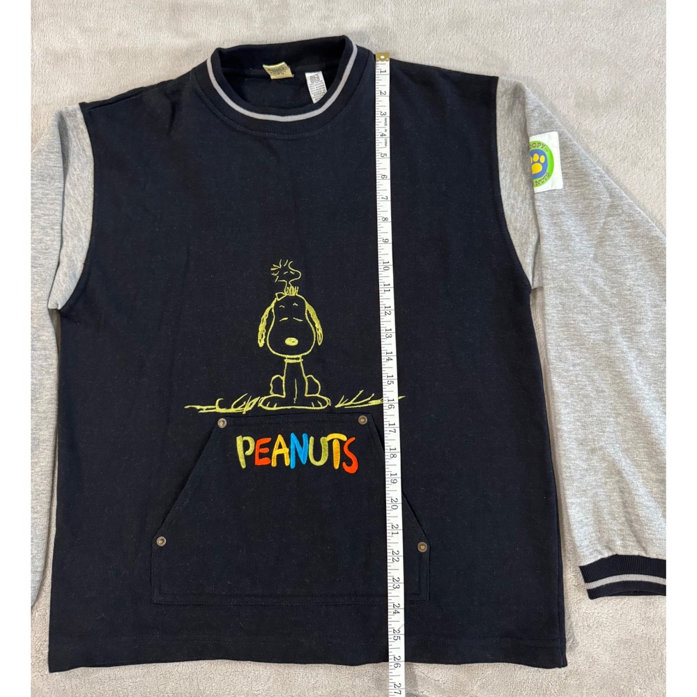 Vintage Peanuts Snoopy Sweatshirt Colorblock Embroidered Pouch Pocket Black M - Picture 4 of 7